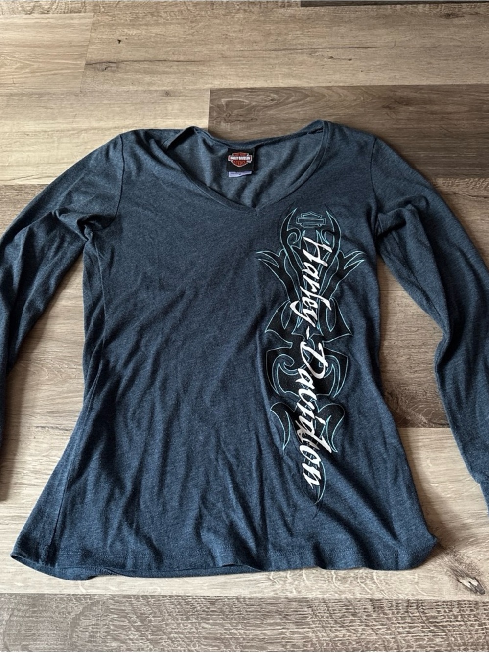 Harley-Davidson Women's Dark Gray Long-Sleeve V-Neck Tee with Vertical Logo